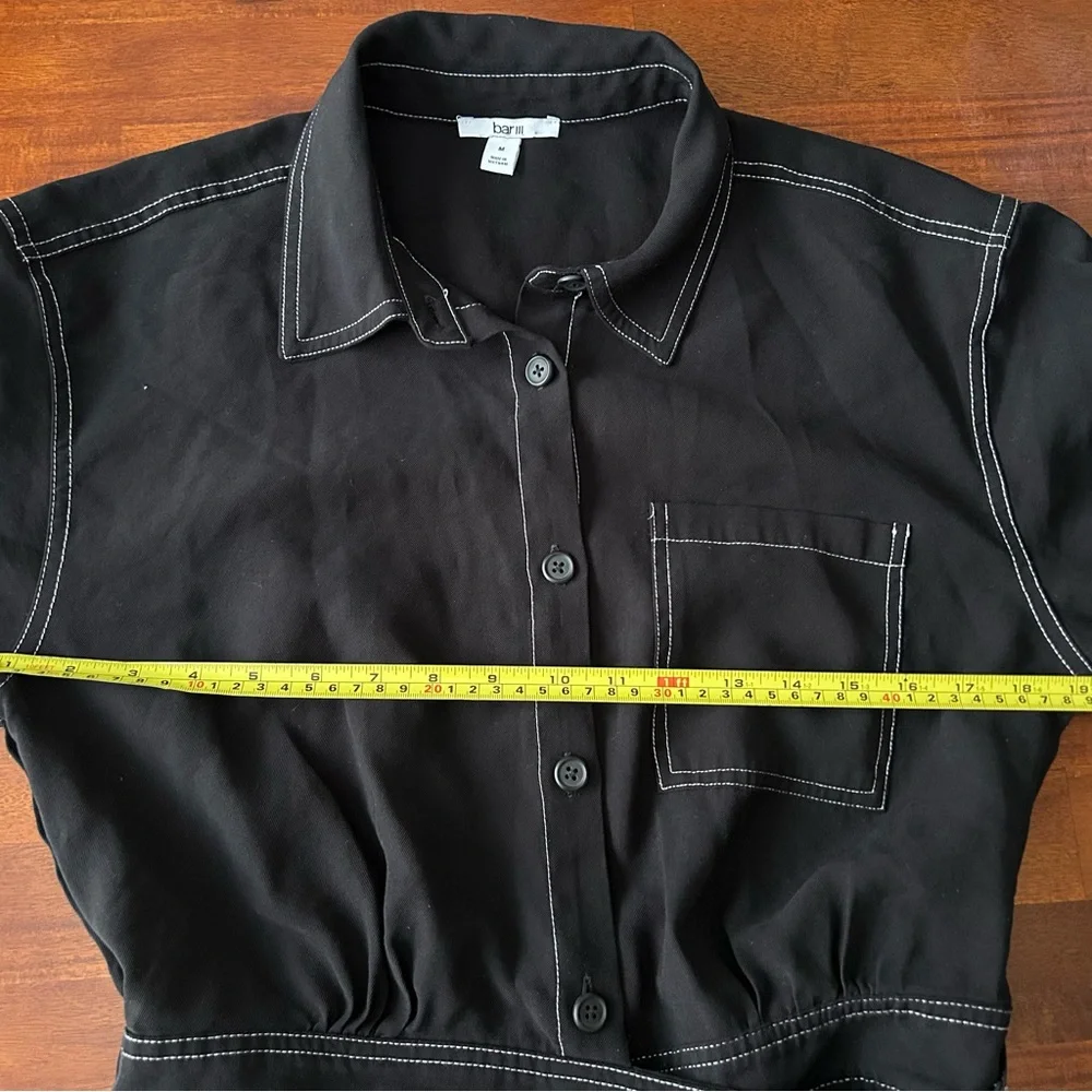 Bar III Black With White Seams Short Sleeve Belted Utility Button Up Romper‎